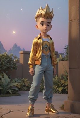 solo,looking at viewer,short hair,blonde hair,shirt,long sleeves,1boy,brown eyes,jewelry,standing,jacket,full body,male focus,earrings,outdoors,shoes,pants,artist name,night,brown footwear,moon,plant,denim,spiked hair,child,jeans,yellow jacket,male child,print shirt,open clothes,open jacket,mohawk