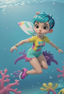 1girl,solo,breasts,looking at viewer,short hair,shirt,hair ornament,brown eyes,jewelry,blue hair,full body,short sleeves,heart,earrings,small breasts,shoes,shorts,dark skin,water,nail polish,bracelet,dark-skinned female,lips,short shorts,aqua hair,makeup,thick eyebrows,t-shirt,sneakers,child,red nails,fish,bubble,yellow shirt,underwater,heart hair ornament,wristwatch,air bubble,skates,coral,seaweed,ocean,pink footwear,swimming,freediving