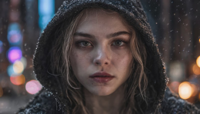 1girl, solo, long hair, looking at viewer, blonde hair, brown eyes, parted lips, hood, mole, blurry, lips, fur trim, depth of field, blurry background, thick eyebrows, portrait, mole under mouth, snow, freckles, snowing, realistic, nose, bokeh, mole on cheek