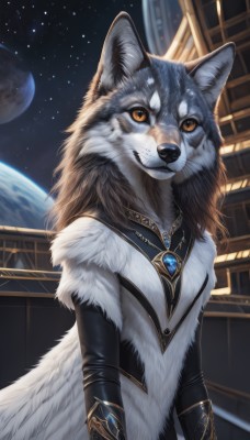 1girl,solo,long hair,looking at viewer,smile,brown hair,animal ears,brown eyes,jewelry,closed mouth,standing,upper body,outdoors,sky,artist name,signature,necklace,orange eyes,night,looking up,brooch,gem,star (sky),furry,pendant,starry sky,furry female,space,body fur,white fur,planet,wolf,earth (planet),fluffy,teeth,fur trim,no humans,fangs,moon,wolf ears,realistic