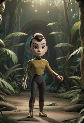 solo,looking at viewer,short hair,brown hair,shirt,black hair,long sleeves,1boy,brown eyes,closed mouth,standing,full body,male focus,boots,outdoors,pointy ears,pants,black eyes,tree,black pants,plant,child,nature,forest,yellow shirt,male child,bodysuit,leaf,mohawk