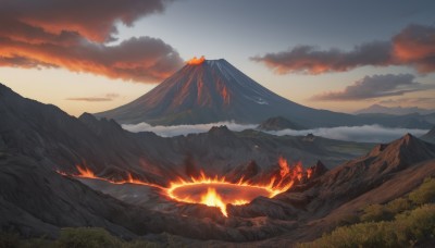 outdoors,sky,cloud,tree,no humans,cloudy sky,grass,fire,nature,scenery,forest,smoke,sunset,mountain,landscape,mountainous horizon,burning,molten rock,sun