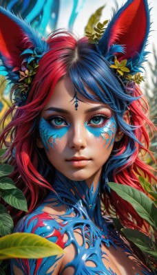 1girl,solo,long hair,breasts,looking at viewer,bangs,blue eyes,hair ornament,animal ears,cleavage,medium breasts,closed mouth,green eyes,blue hair,upper body,flower,red hair,multicolored hair,artist name,hair flower,blurry,two-tone hair,aqua eyes,lips,fox ears,eyelashes,tattoo,gradient hair,makeup,blurry background,leaf,watermark,facial mark,plant,portrait,eyeshadow,realistic,nose,eyeliner,facepaint,bodypaint,mascara,jewelry,earrings,rabbit ears,piercing,extra ears,freckles