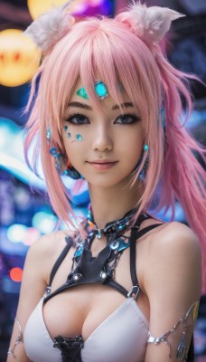 1girl,solo,long hair,breasts,looking at viewer,smile,bangs,blue eyes,animal ears,cleavage,bare shoulders,jewelry,medium breasts,closed mouth,upper body,ponytail,pink hair,cat ears,blurry,lips,animal ear fluff,grey eyes,fox ears,clothing cutout,eyelashes,makeup,depth of field,blurry background,facial mark,cleavage cutout,armlet,realistic,nose,hair ornament,flower,earrings,artist name,hair flower,necklace,gem,forehead jewel