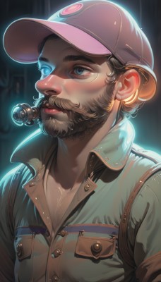 solo,looking at viewer,short hair,blue eyes,brown hair,shirt,1boy,hat,jacket,upper body,male focus,lips,buttons,glowing,facial hair,baseball cap,beard,pocket,realistic,nose,mustache,breast pocket,closed mouth,collarbone,artist name,thick eyebrows,goggles,backlighting