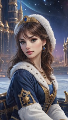 1girl,solo,long hair,breasts,looking at viewer,blue eyes,brown hair,long sleeves,hat,dress,cleavage,jewelry,medium breasts,upper body,earrings,outdoors,parted lips,sky,necklace,lips,coat,fur trim,eyelashes,makeup,night,blue dress,moon,tiara,crown,lipstick,building,gem,star (sky),night sky,pendant,starry sky,city,realistic,nose,winter clothes,red lips,cityscape,castle,blue coat,fur hat,bangs