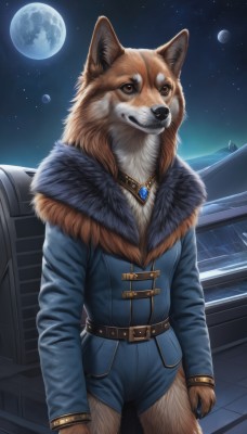 solo,looking at viewer,smile,long sleeves,brown eyes,jewelry,standing,jacket,cowboy shot,outdoors,sky,shorts,belt,artist name,necklace,fur trim,short shorts,no humans,night,moon,blue jacket,brooch,building,gem,star (sky),night sky,furry,full moon,pendant,starry sky,blue shorts,dog,arms at sides,brown belt,body fur,planet,fur,animal,realistic