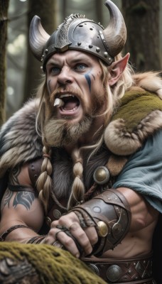 solo,long hair,looking at viewer,open mouth,blue eyes,blonde hair,1boy,jewelry,upper body,weapon,braid,male focus,horns,teeth,pointy ears,belt,artist name,cape,armor,blurry,fur trim,tattoo,muscular,blurry background,facial hair,fangs,facial mark,ring,helmet,beard,realistic,fake horns,facial tattoo,blue cape,horned helmet,twin braids,tree,manly