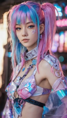 1girl,solo,long hair,breasts,looking at viewer,bangs,blue eyes,twintails,jewelry,closed mouth,blue hair,swimsuit,upper body,pink hair,bikini,multicolored hair,earrings,small breasts,blurry,two-tone hair,lips,tattoo,makeup,blurry background,science fiction,realistic,nose,cyborg,cyberpunk,bare shoulders,parted lips,artist name,armor,from side,two side up,grey eyes,eyelashes,depth of field,watermark,facial mark,bandaid,bikini top only,strap