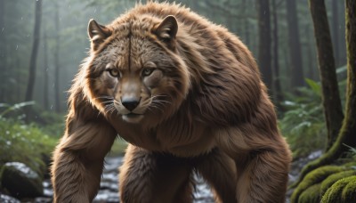 solo,looking at viewer,brown eyes,outdoors,day,signature,blurry,tree,no humans,depth of field,blurry background,animal,grass,nature,forest,rain,rock,realistic,animal focus,whiskers,yellow eyes