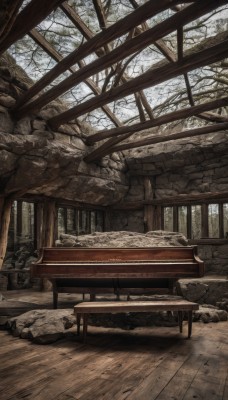 outdoors,sky,day,tree,no humans,nature,scenery,forest,wooden floor,rock,bench,ruins,stone,log,wood,window,architecture,bare tree