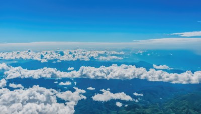 monochrome,outdoors,sky,day,cloud,water,blue sky,no humans,bird,ocean,cloudy sky,nature,scenery,blue theme,mountain,horizon,landscape,island,tree,forest