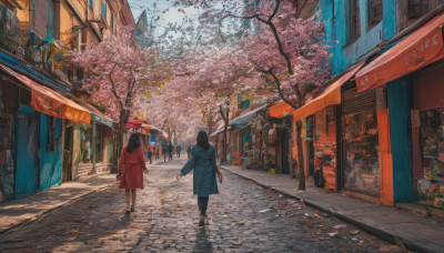 long hair, multiple girls, brown hair, black hair, 2girls, outdoors, day, bag, tree, coat, dutch angle, cherry blossoms, building, scenery, walking, city, road, autumn leaves, street, blue coat, autumn, pavement, vanishing point