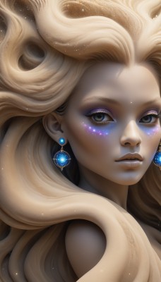 1girl,solo,long hair,looking at viewer,blonde hair,bare shoulders,jewelry,closed mouth,earrings,teeth,artist name,lips,grey eyes,eyelashes,makeup,watermark,lipstick,gem,portrait,eyeshadow,nose,eyeliner,mascara,blush,blue eyes,upper body,nude,parted lips,wavy hair,realistic