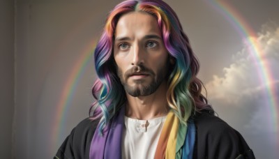 solo,long hair,blue eyes,blonde hair,shirt,1boy,closed mouth,blue hair,white shirt,upper body,pink hair,purple hair,male focus,multicolored hair,sky,cloud,lips,streaked hair,facial hair,cloudy sky,looking up,beard,realistic,mustache,looking afar,rainbow,rainbow gradient,rainbow hair,portrait