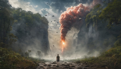 solo, 1boy, standing, male focus, outdoors, sky, cloud, tree, bird, nature, scenery, smoke, waterfall