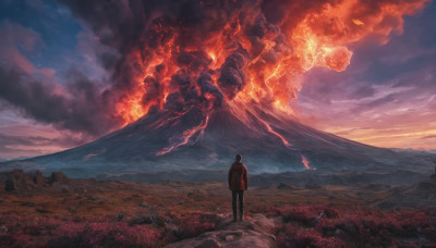 solo, 1boy, standing, jacket, male focus, outdoors, sky, cloud, signature, from behind, dutch angle, cloudy sky, fire, scenery, mountain, field, molten rock