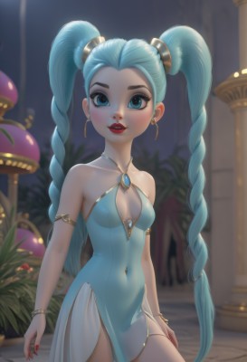 1girl,solo,long hair,breasts,looking at viewer,smile,blue eyes,dress,bare shoulders,twintails,jewelry,very long hair,blue hair,standing,collarbone,braid,cowboy shot,earrings,small breasts,artist name,nail polish,blurry,twin braids,bracelet,see-through,aqua hair,covered navel,makeup,blurry background,blue dress,plant,lipstick,gem,red nails,armlet,red lips,mushroom,aqua dress,blush,hair ornament,cleavage,parted lips,alternate costume,fingernails,clothing cutout,night,cleavage cutout,brooch,column