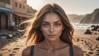 1girl,solo,long hair,looking at viewer,brown hair,bare shoulders,brown eyes,closed mouth,collarbone,upper body,outdoors,day,blurry,lips,floating hair,depth of field,blurry background,beach,thick eyebrows,wind,building,portrait,freckles,realistic,nose,sand,desert,sunlight,tank top,messy hair,backlighting,rock