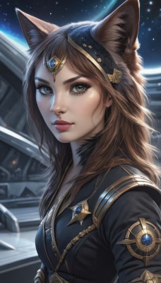 1girl,solo,long hair,breasts,looking at viewer,brown hair,animal ears,jewelry,upper body,parted lips,artist name,cat ears,signature,lips,animal ear fluff,grey eyes,eyelashes,makeup,gem,star (sky),circlet,nose,red lips,space,bangs,medium breasts,wolf ears,freckles,realistic