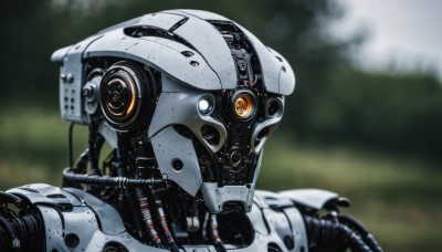 solo,upper body,outdoors,blurry,no humans,depth of field,blurry background,robot,portrait,mecha,1other,machinery,science fiction,realistic,cable,looking ahead,from side,orange eyes,close-up,wire,humanoid robot,non-humanoid robot,radio antenna