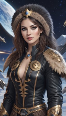 1girl,solo,long hair,breasts,looking at viewer,brown hair,long sleeves,cleavage,brown eyes,jewelry,medium breasts,upper body,parted lips,sky,belt,artist name,signature,lips,fur trim,no bra,wavy hair,moon,gem,star (sky),snow,starry sky,gold trim,mountain,nose,center opening,space,planet,earth (planet),spacecraft,plunging neckline,blush,jacket,hood,realistic