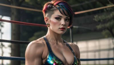 1girl,solo,breasts,looking at viewer,short hair,black hair,cleavage,bare shoulders,brown eyes,jewelry,medium breasts,collarbone,swimsuit,upper body,pink hair,bikini,multicolored hair,earrings,outdoors,mole,blurry,two-tone hair,lips,makeup,blurry background,floral print,lipstick,asymmetrical hair,realistic,nose,red lips,undercut,large breasts,brown hair,parted lips,bikini top only,blue bikini,freckles