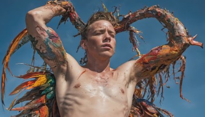 solo,open mouth,simple background,brown hair,black hair,1boy,nipples,collarbone,closed eyes,upper body,male focus,nude,parted lips,wings,horns,sky,armpits,arms up,lips,blue background,injury,realistic,armpit hair,short hair,closed mouth,outdoors,day,blue sky,blood,tattoo,feathers,topless male,very short hair