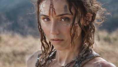 1girl,solo,long hair,looking at viewer,brown hair,brown eyes,jewelry,closed mouth,earrings,necklace,blurry,lips,wet,depth of field,blurry background,piercing,portrait,realistic,nose,dirty,dirty face,messy hair,close-up,freckles