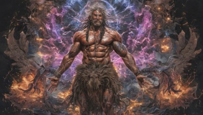 solo,long hair,looking at viewer,black hair,1boy,navel,jewelry,standing,grey hair,male focus,necklace,bracelet,tattoo,muscular,glowing,facial hair,scar,abs,fire,pectorals,muscular male,glowing eyes,beard,veins,topless male,mature male,mustache,electricity,magic,manly,old,old man,lightning,closed mouth,braid,white hair,wings,fantasy,extra arms