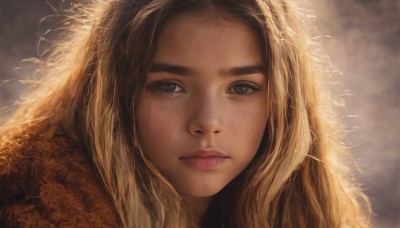 1girl,solo,long hair,looking at viewer,blonde hair,brown hair,brown eyes,closed mouth,lips,eyelashes,expressionless,messy hair,portrait,close-up,freckles,realistic,nose,artist name,fur trim,watermark,thick eyebrows,backlighting