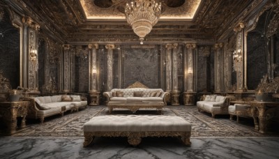 sky,indoors,pillow,no humans,window,bed,night,moon,scenery,couch,stairs,pillar,ceiling,carpet,arch,chandelier,column,chair,table,light particles,wooden floor,tiles,light,lamp,candle,wall,tile floor,floor,candlestand,ceiling light,rug