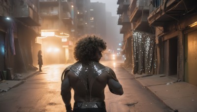 1girl,short hair,brown hair,black hair,1boy,standing,male focus,outdoors,multiple boys,dark skin,2boys,from behind,bodysuit,dark-skinned male,building,science fiction,curly hair,city,realistic,road,cityscape,cyborg,street,very dark skin,cyberpunk,dreadlocks,afro,alley,muscular,scenery