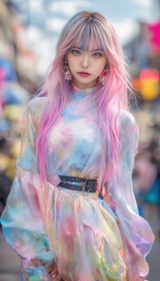 1girl,solo,long hair,looking at viewer,bangs,blue eyes,long sleeves,dress,jewelry,closed mouth,standing,purple eyes,upper body,pink hair,multicolored hair,earrings,belt,blurry,two-tone hair,lips,see-through,sleeves past wrists,gradient hair,makeup,depth of field,blurry background,chinese clothes,floral print,lipstick,realistic,red lips,breasts,cowboy shot,outdoors,parted lips,artist name,blunt bangs,white dress,grey eyes,watermark,fashion