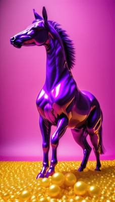 solo,standing,full body,no humans,animal,1other,purple background,animal focus,coin,horse,gold,shiny,gradient,gradient background,glowing,pink background