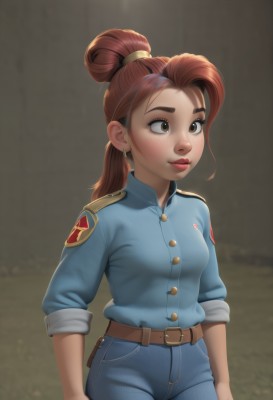 1girl,solo,long hair,breasts,smile,brown hair,shirt,brown eyes,jewelry,closed mouth,standing,ponytail,cowboy shot,earrings,belt,pants,hair bun,blurry,uniform,lips,makeup,buttons,blurry background,thick eyebrows,blue shirt,denim,sleeves rolled up,freckles,jeans,nose,arms at sides,blue pants,brown belt,police,police uniform,red hair,artist name,single hair bun