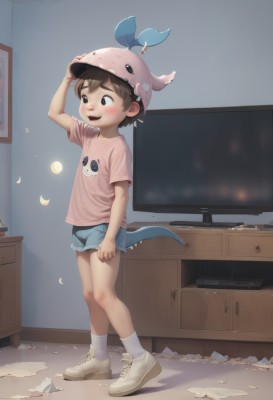 solo,blush,smile,short hair,open mouth,brown hair,shirt,1boy,hat,standing,tail,full body,short sleeves,male focus,shoes,shorts,teeth,socks,indoors,black eyes,arm up,short shorts,denim,white socks,t-shirt,sneakers,child,blue shorts,denim shorts,pink shirt,male child,television,fish tail,monitor,drawer,cosplay,erection,bulge,shota,computer,shark tail