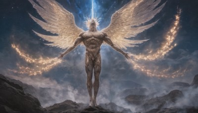 solo,1boy,standing,full body,male focus,outdoors,wings,sky,cloud,no humans,muscular,night,glowing,halo,abs,outstretched arms,fire,muscular male,star (sky),night sky,feathered wings,starry sky,angel wings,mountain,angel,multiple wings,spread wings,holding,weapon,nude,sword,holding sword,cloudy sky,scenery,fantasy