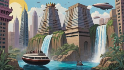 outdoors,sky,day,cloud,water,tree,blue sky,no humans,bird,plant,building,scenery,city,aircraft,fantasy,palm tree,sun,airplane,watercraft,multiple others,bridge,river,skyscraper,waterfall,boat,airship,crown