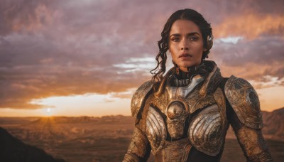 1girl,solo,looking at viewer,brown hair,black hair,upper body,outdoors,sky,cloud,armor,lips,cloudy sky,shoulder armor,science fiction,pauldrons,sunset,breastplate,mountain,realistic,chainmail