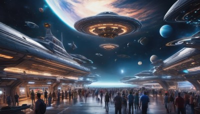 multiple girls,multiple boys,sky,6+girls,moon,ground vehicle,star (sky),scenery,starry sky,science fiction,6+boys,space,planet,crowd,earth (planet),train,spacecraft,spacesuit,train station,brown hair,signature,from behind,floating,realistic