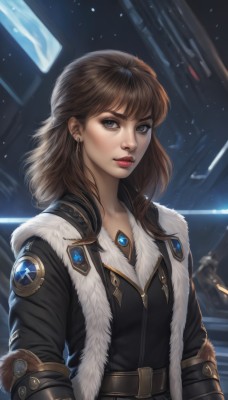 1girl,solo,long hair,looking at viewer,bangs,blue eyes,brown hair,brown eyes,jewelry,jacket,upper body,earrings,parted lips,belt,signature,medium hair,lips,coat,grey eyes,fur trim,makeup,lipstick,buckle,science fiction,realistic,nose,red lips,space,long sleeves,artist name,gem,emblem