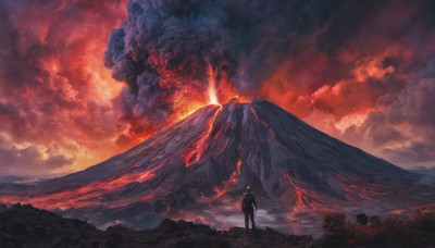 solo, 1boy, standing, male focus, outdoors, sky, cloud, from behind, cloudy sky, fire, scenery, mountain, molten rock