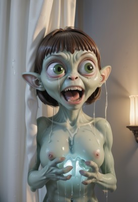 1girl,solo,breasts,short hair,open mouth,bangs,brown hair,navel,nipples,green eyes,collarbone,upper body,nude,small breasts,teeth,tongue,pointy ears,indoors,flat chest,wet,loli,colored skin,fangs,curtains,monster girl,freckles,blue skin,green skin,grey skin,slime (substance),horror (theme),genderswap,genderswap (mtf)