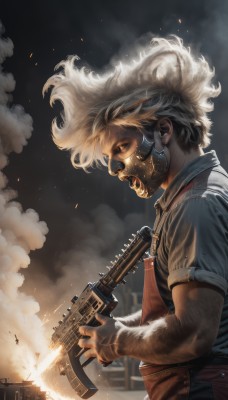 1girl,solo,open mouth,shirt,1boy,holding,jewelry,weapon,white hair,short sleeves,male focus,earrings,collared shirt,holding weapon,apron,from side,gun,profile,mask,holding gun,rifle,smoke,realistic,nose,guitar,assault rifle,overalls,explosion,gas mask,embers,kalashnikov rifle,short hair,upper body,sky,striped,pants,artist name,military,facial hair,fire,blue shirt,ear piercing,sleeves rolled up,striped shirt,mouth mask,stud earrings,submachine gun,arm hair,burning,respirator