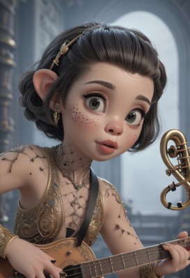 1girl,solo,looking at viewer,short hair,black hair,holding,jewelry,upper body,hairband,earrings,parted lips,sleeveless,pointy ears,necklace,blurry,black eyes,flat chest,bracelet,lips,grey eyes,tattoo,blurry background,instrument,child,black nails,forehead,freckles,fantasy,music,guitar,female child,playing instrument,holding instrument,hair pulled back,breasts,dress,cleavage,brown eyes,small breasts,indoors,nail polish,fingernails,eyelashes