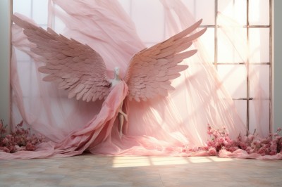 PREMIUM,1girl,solo,long hair,1boy,dress,sitting,flower,white hair,male focus,nude,wings,barefoot,day,indoors,white dress,window,rose,sunlight,curtains,red flower,feathered wings,pink flower,angel wings,light rays,red rose,white wings,angel,pink rose,multiple wings,large wings,short hair,scenery,pink theme