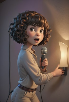 1girl,solo,looking at viewer,smile,short hair,open mouth,brown hair,shirt,long sleeves,holding,brown eyes,white shirt,cowboy shot,shorts,teeth,collared shirt,belt,dark skin,from side,dark-skinned female,microphone,freckles,curly hair,realistic,lamp,cable,holding microphone,singing,blush,bangs,sweater,lips,denim,sharp teeth,messy hair,light,spotlight