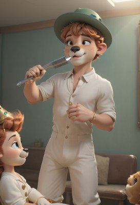 1girl,blush,smile,short hair,blue eyes,brown hair,shirt,1boy,hat,holding,animal ears,brown eyes,jewelry,closed mouth,standing,white shirt,male focus,multiple boys,pants,indoors,2boys,looking at another,bracelet,buttons,siblings,chair,thick eyebrows,crown,child,furry,freckles,dog,white pants,green headwear,furry male,male child,chalkboard,snout,collared shirt,artist name,pillow,mouth hold,table,couch,bandaid