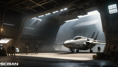 HQ,weapon,multiple boys,indoors,signature,uniform,military,window,military uniform,sunlight,helmet,robot,scenery,science fiction,6+boys,light rays,realistic,aircraft,military vehicle,airplane,vehicle focus,spacecraft,soldier,jet,fighter jet,english text,silhouette,helicopter